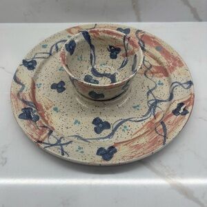 Vintage Studio Art Pottery Cobalt Blue Splatterware Plate and Dipping Dish